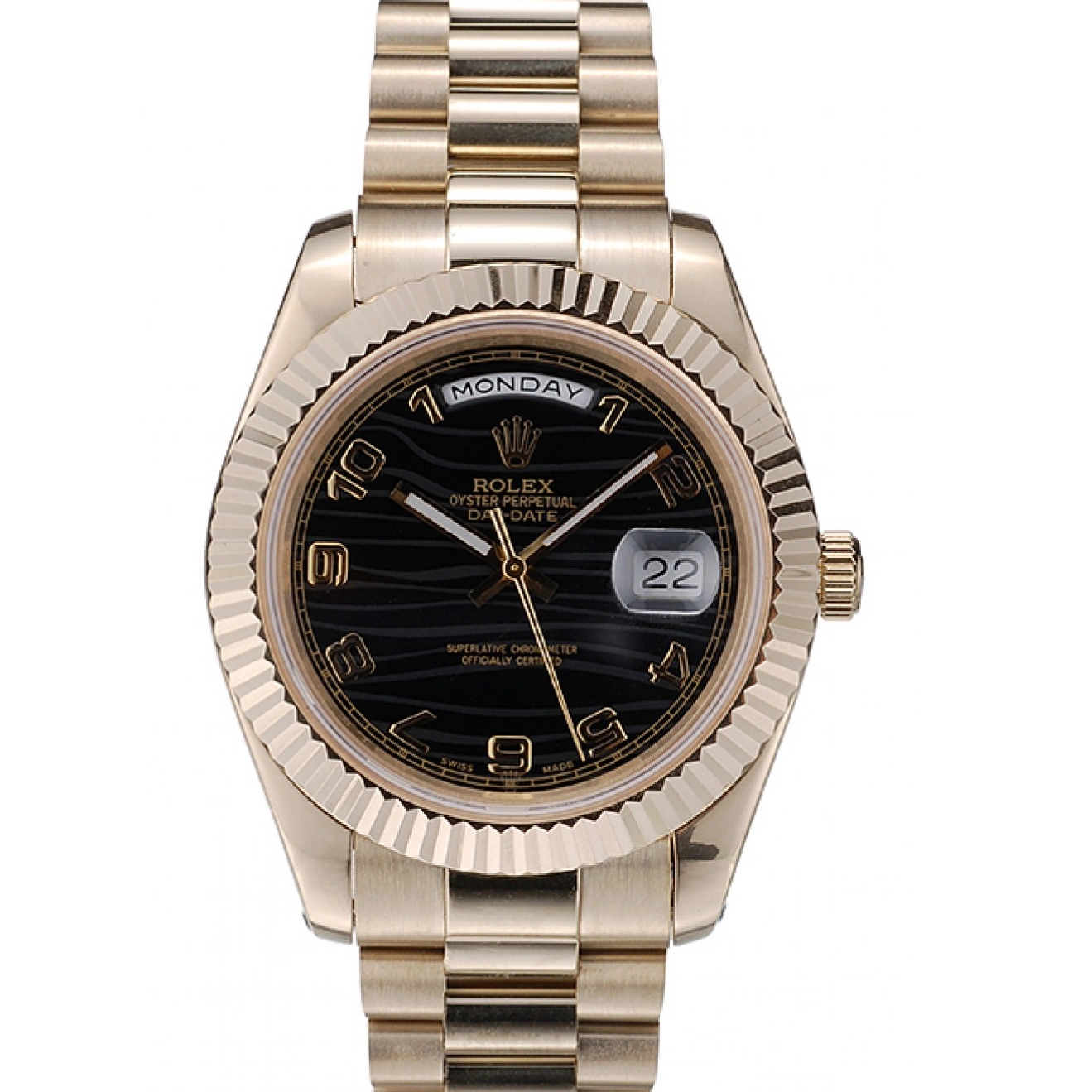 MiroTime 1024 Rolex Swiss DayDate Gold Stainless Steel Ribbed Bezel Black Dial 41998